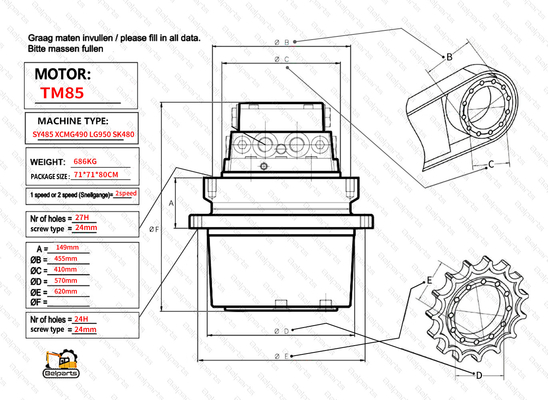 TM85 SY485 XCM490 LG950 SK480 Belparts Excavator Travel Motor Assy Final Drive Assy For Kobelco Sany